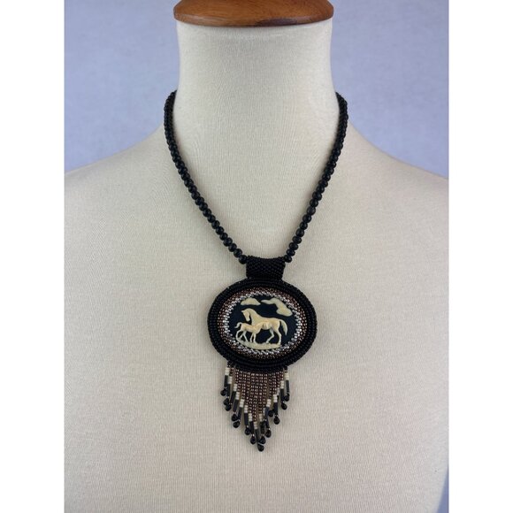 Handcrafted Beaded Necklace Horse Cameo Seed Bead Fringe Tassels - Picture 1 of 9